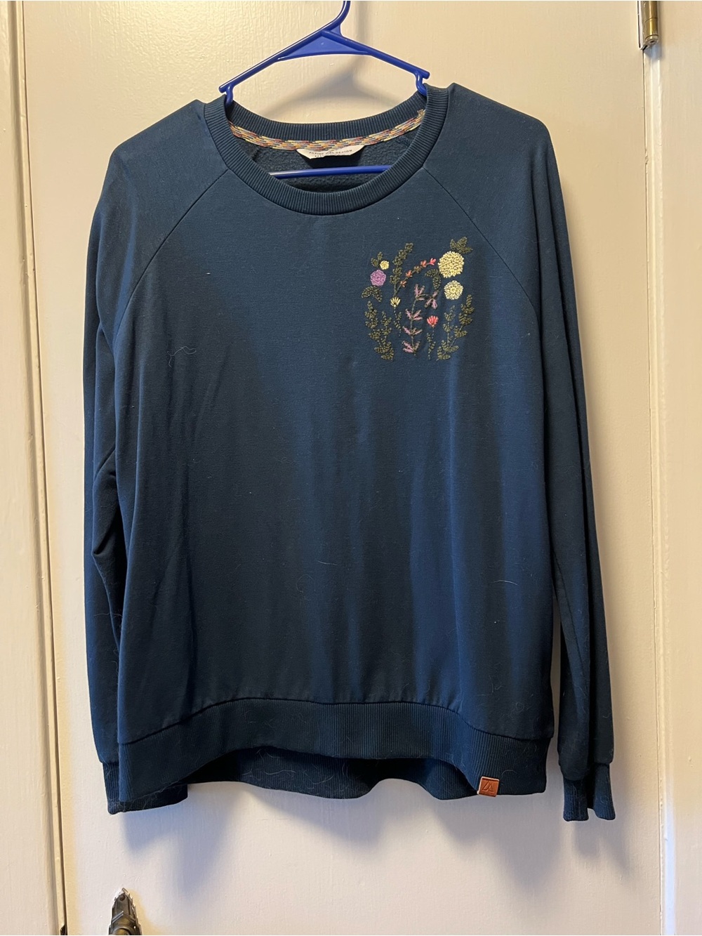 Alpine Design Dark Teal Crewneck Sweater with Floral Embroidery